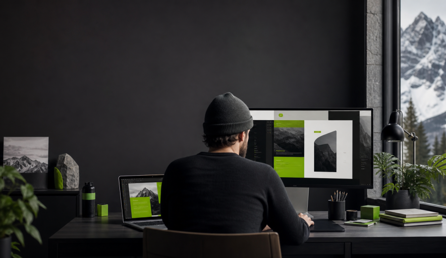 Graphiste webmaster travaillant dans un studio sombre devant un écran de création visuelle et un site web