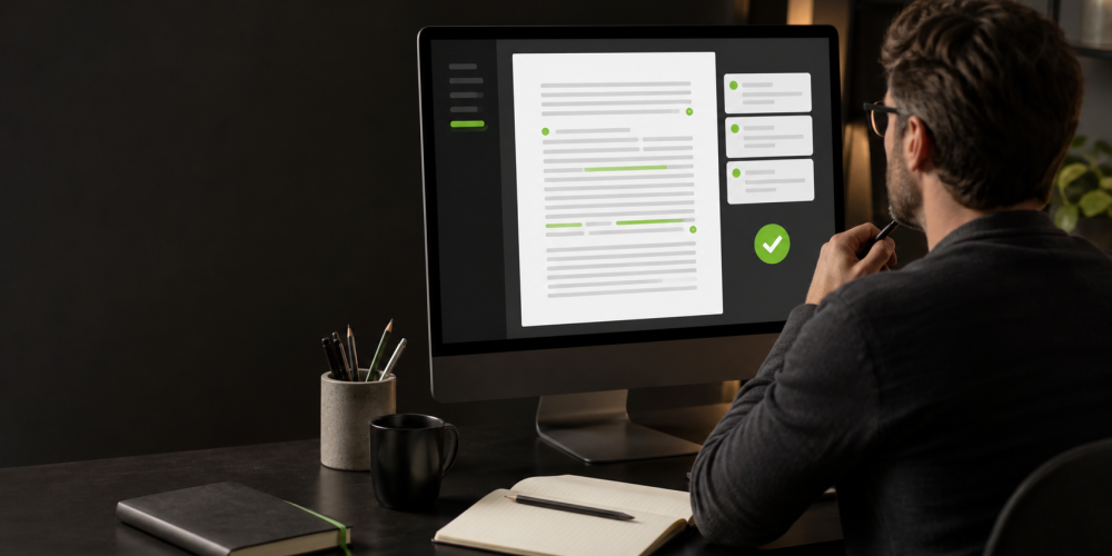 Personne relisant sur écran un brouillon assisté par IA avec corrections, annotations et validation humaine