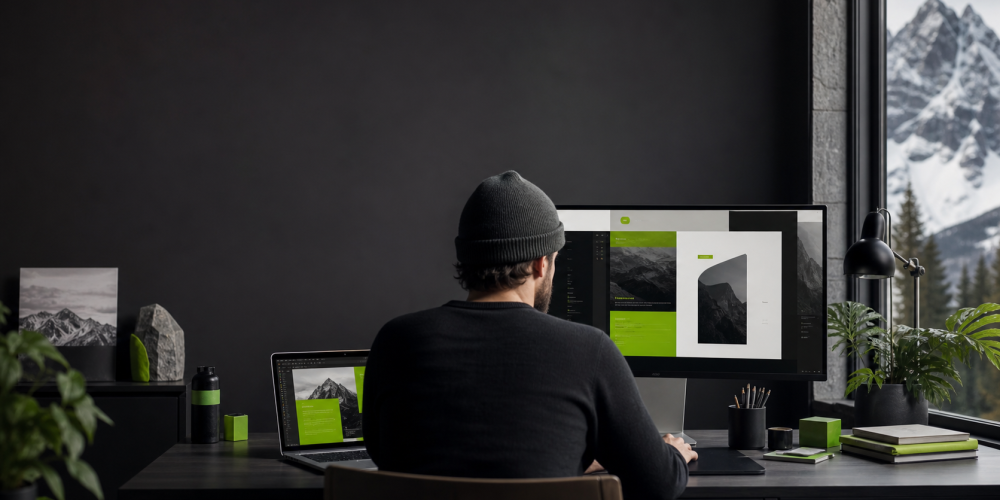 Graphiste webmaster travaillant dans un studio sombre devant un écran de création visuelle et un site web