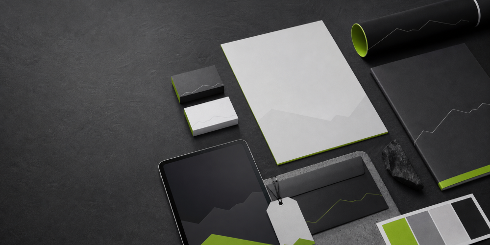 Ensemble coordonné de cartes, brochure, écran et nuancier constituant une identité visuelle verte et anthracite