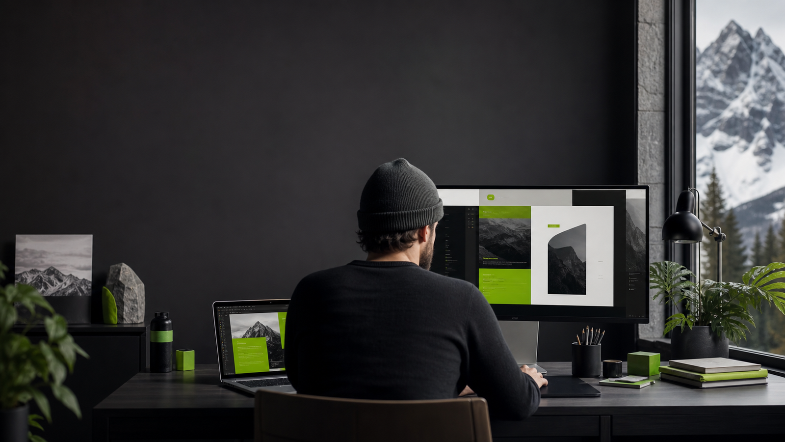 Graphiste webmaster travaillant dans un studio sombre devant un écran de création visuelle et un site web
