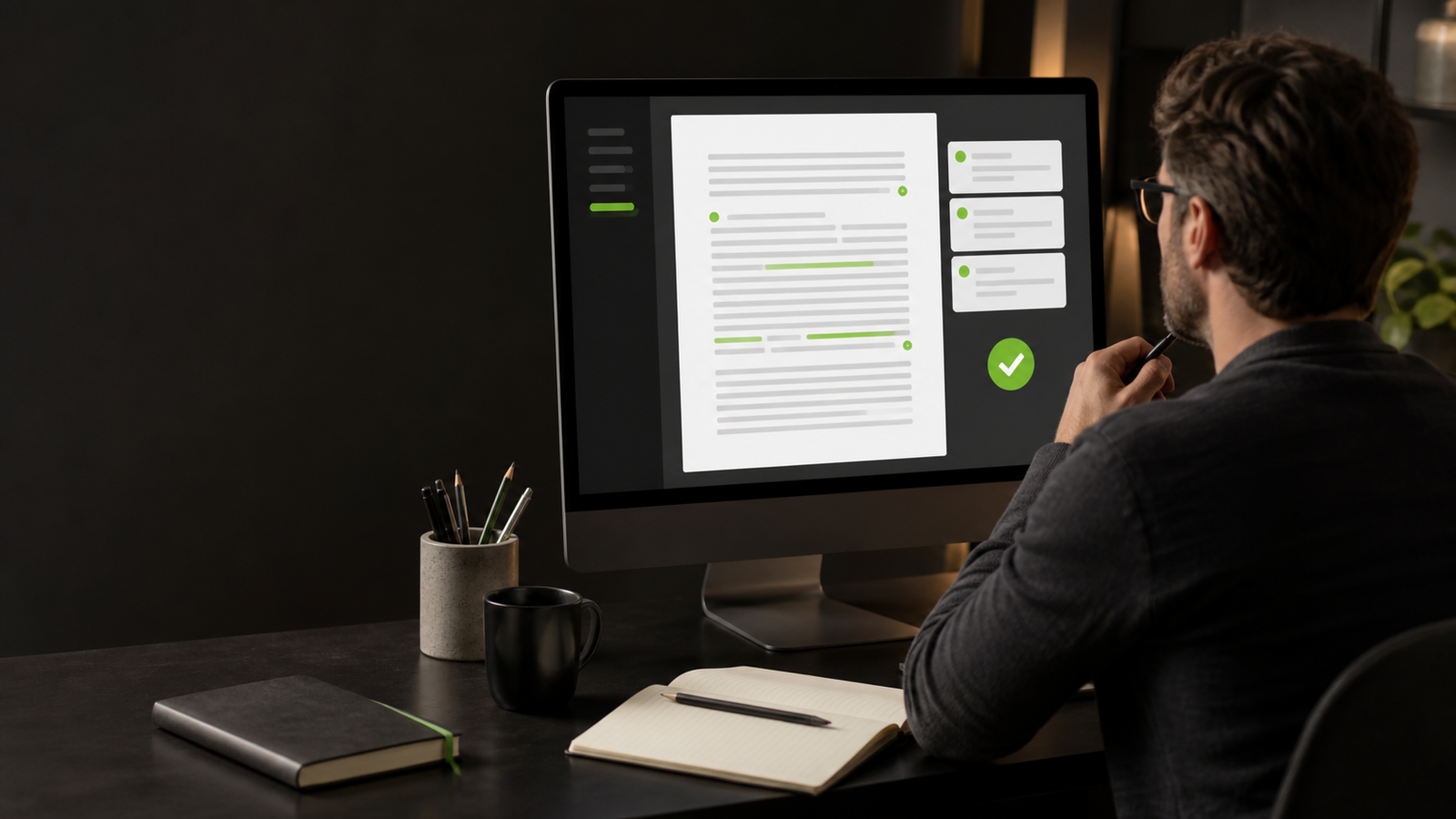 Personne relisant sur écran un brouillon assisté par IA avec corrections, annotations et validation humaine